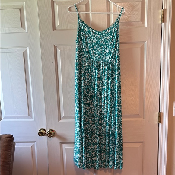 Green with White Flowers Pleated Midi Sundress with Spaghetti Straps - Picture 1 of 7